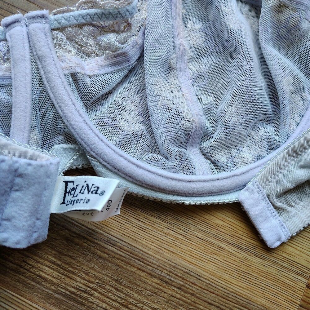 Felina 40D Bra Lavender Floral Lace Embroidered Sheer Underwire Coquette Fairy - Picture 7 of 8